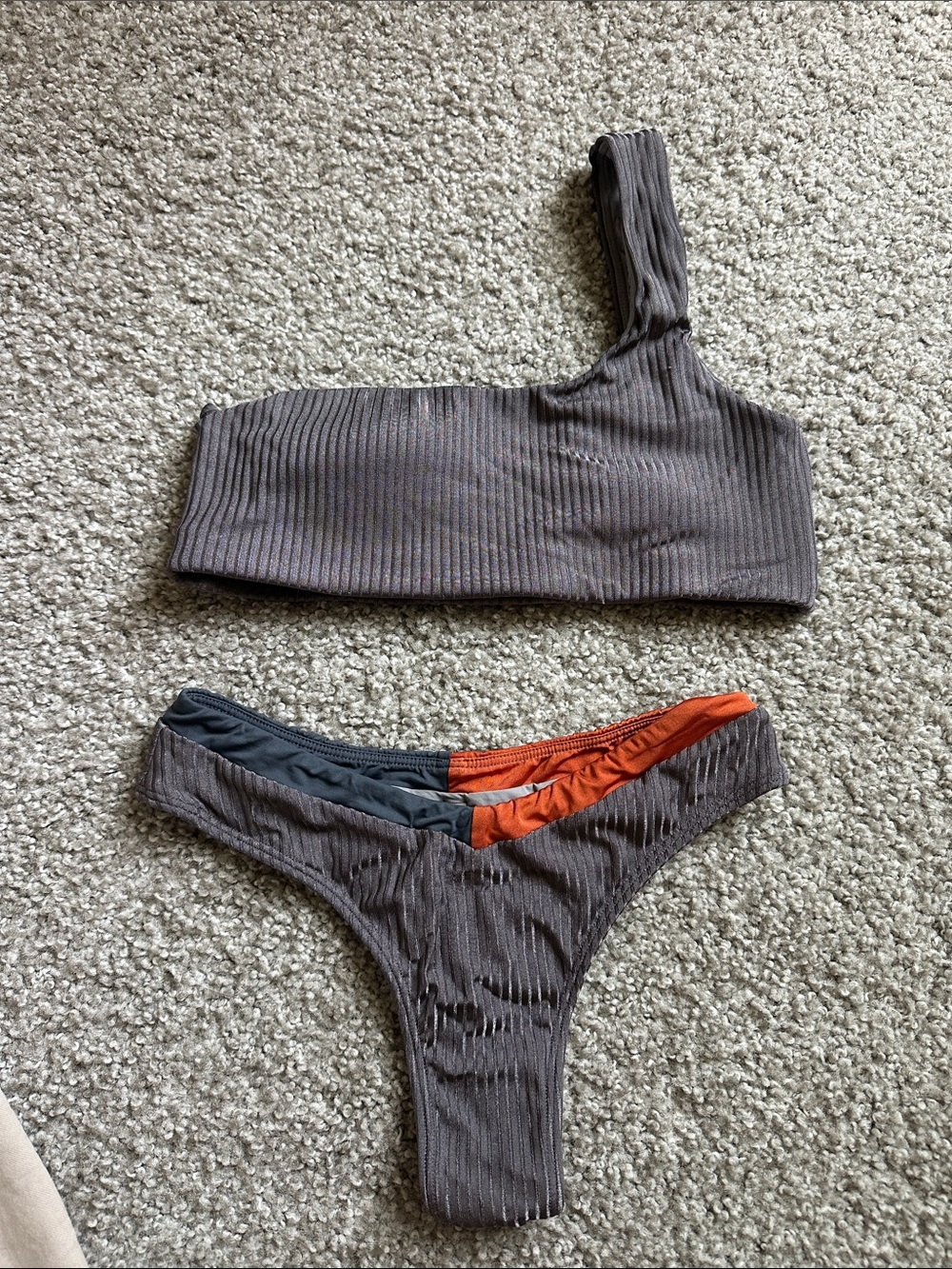 Ribbed One-Shoulder Bikini Set in Charcoal with Orange Trim